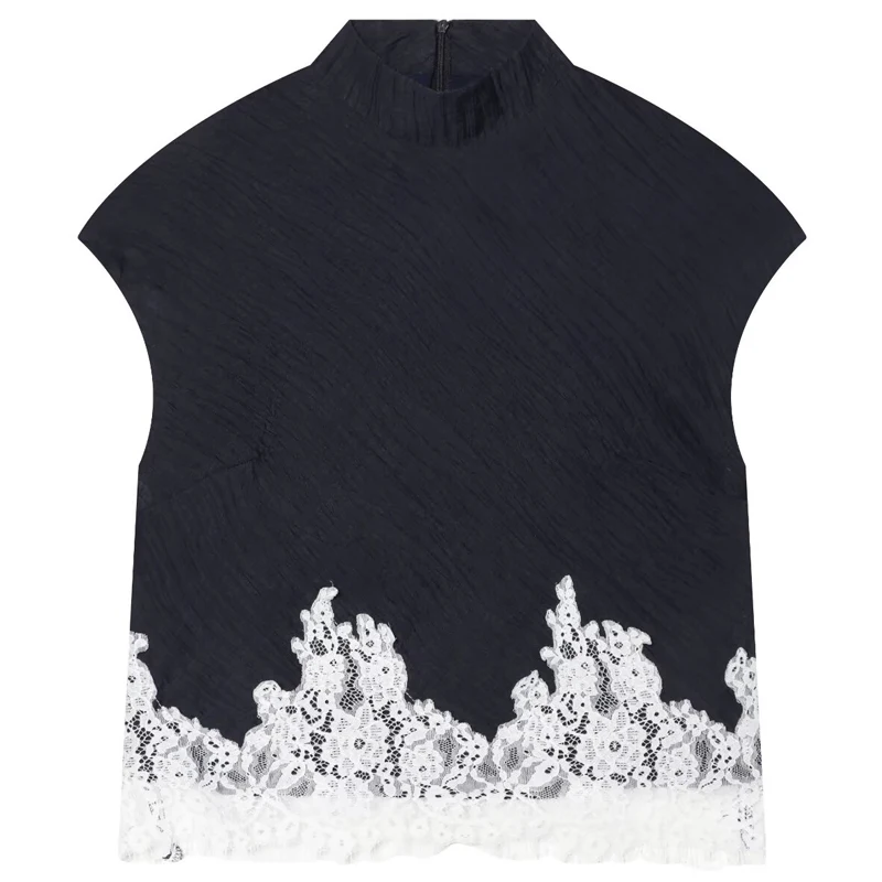 HXAO Spitzen-Crop-Top für Damen 2026 Korsett Dunkelblaues Tanktop Damenmode Plissiertes O-Ausschnitt Schlankes Ärmelloses Oberteil Elegante Urlaubstopps – Detail 4
