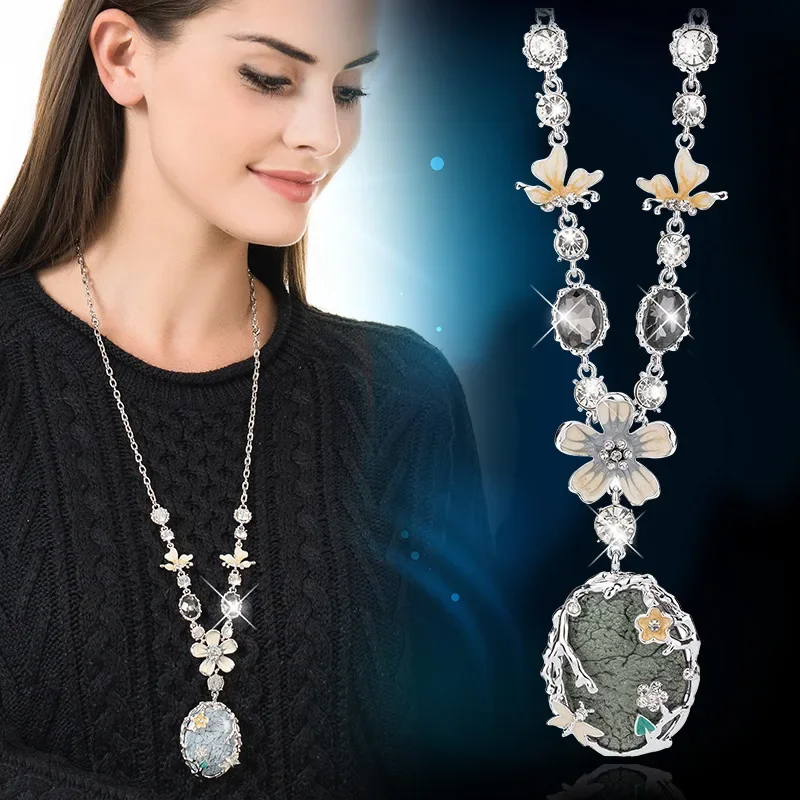 Длинная цепочка-свитер, подходит для осени и зимы, универсальный и элегантный кулон-колье принцессы с кристаллами.