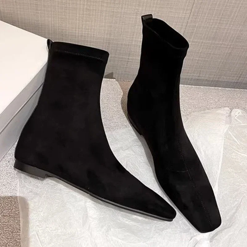 Botines planos para Mujer, zapatos para caminar de gamuza con punta cuadrada, tendencia 20225, botas Chelsea informales acogedoras para invierno, zapatos de moda para Mujer