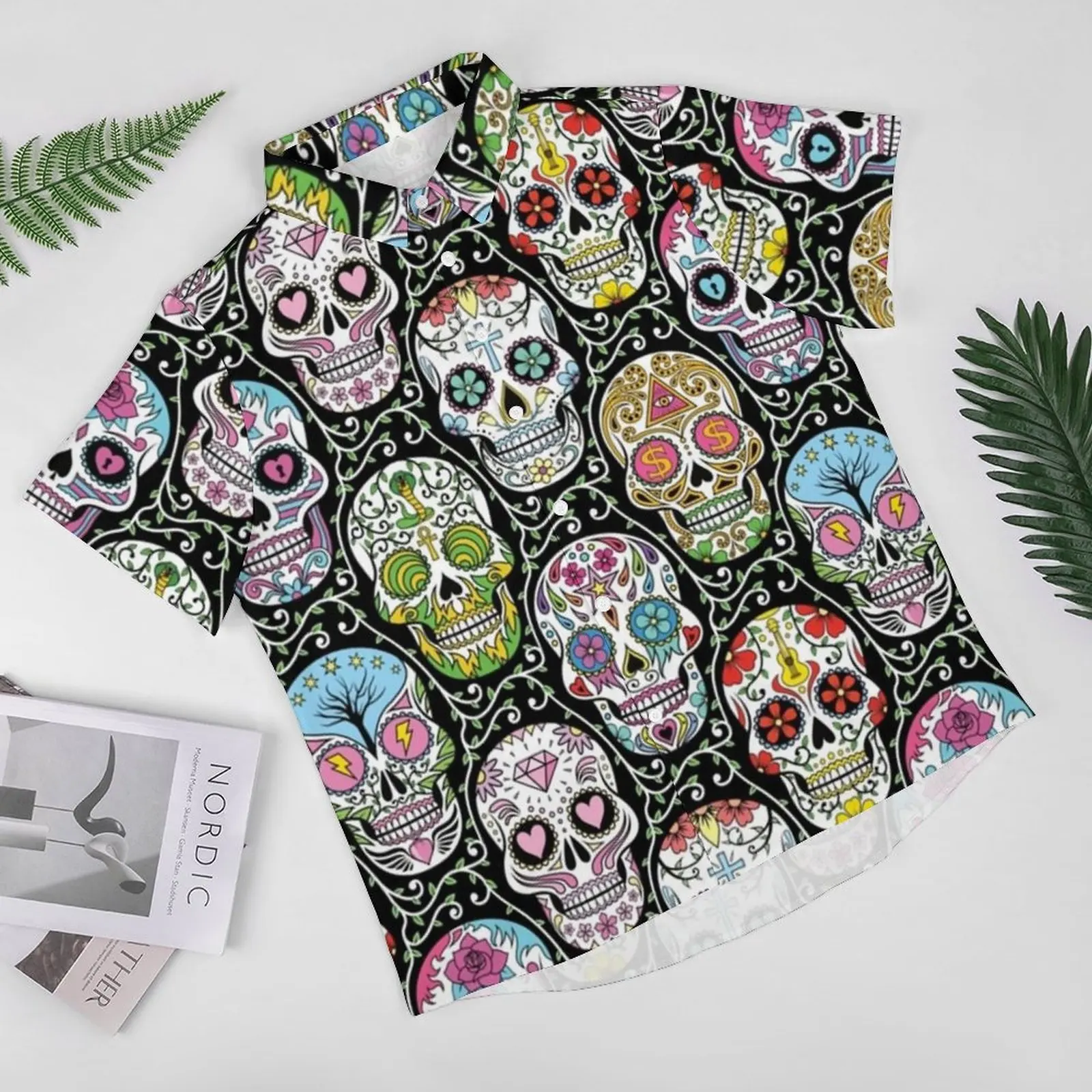 Colorful Skeleton Casual Shirts Mexican Sugar Skull Vacation Shirt Summer Vintage Blouses Mens Print Plus Size