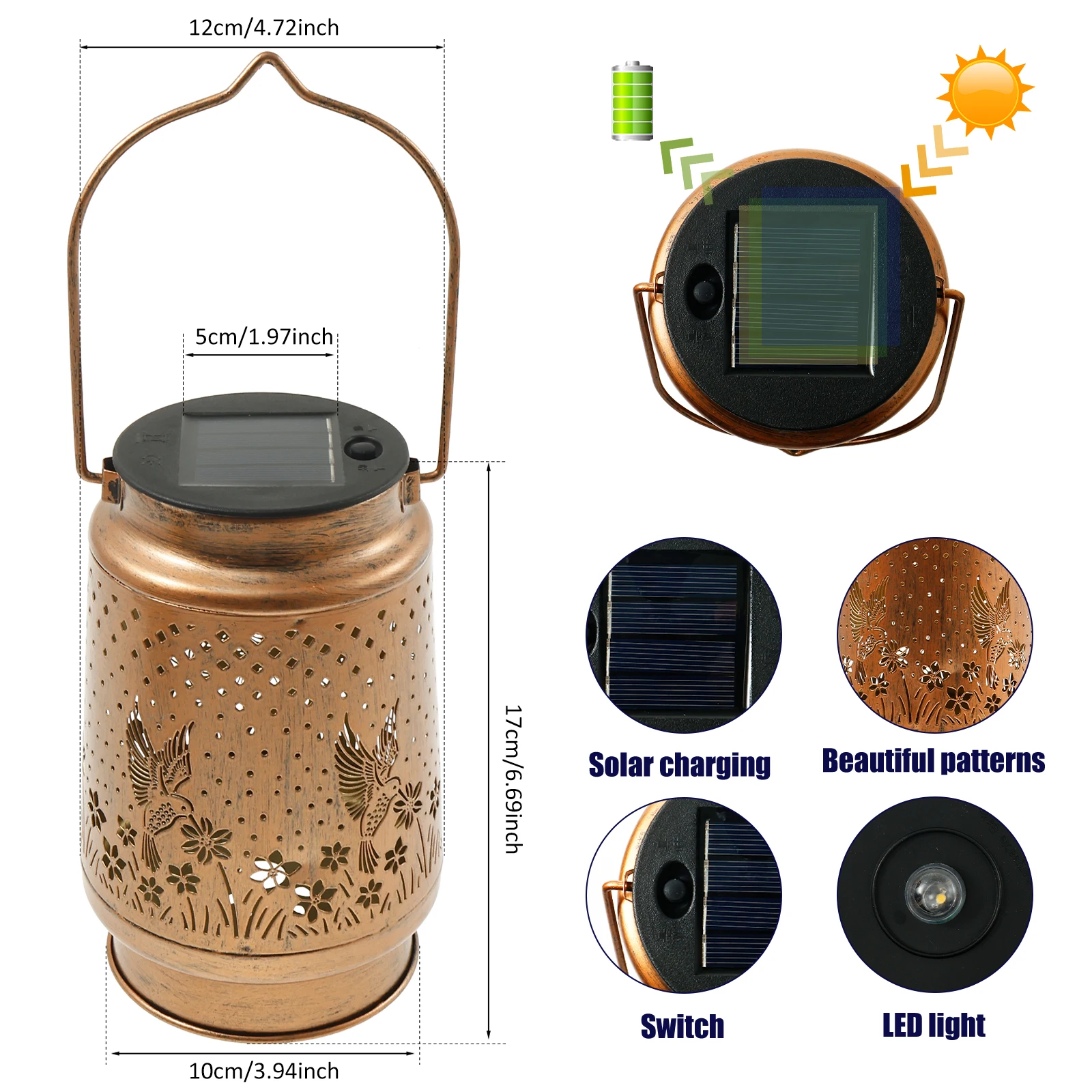 Metalowa lampa solarna w kształcie kolibra, wodoodporna, energooszczędna lampa solarna, inteligentna lampa ogrodowa z czujnikiem do domu.