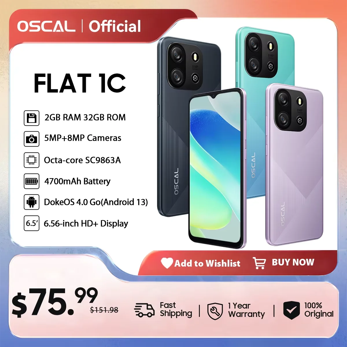 هاتف ذكي OSCAL FLAT 1C، شاشة Android 13 عالية الدقة مقاس 6.56 بوصة، هاتف محمول ببطارية 4700 مللي أمبير في الساعة، 2 جيجابايت و32 جيجابايت ثماني النواة وكاميرا 8 ميجابكسل هاتف محمول 4G