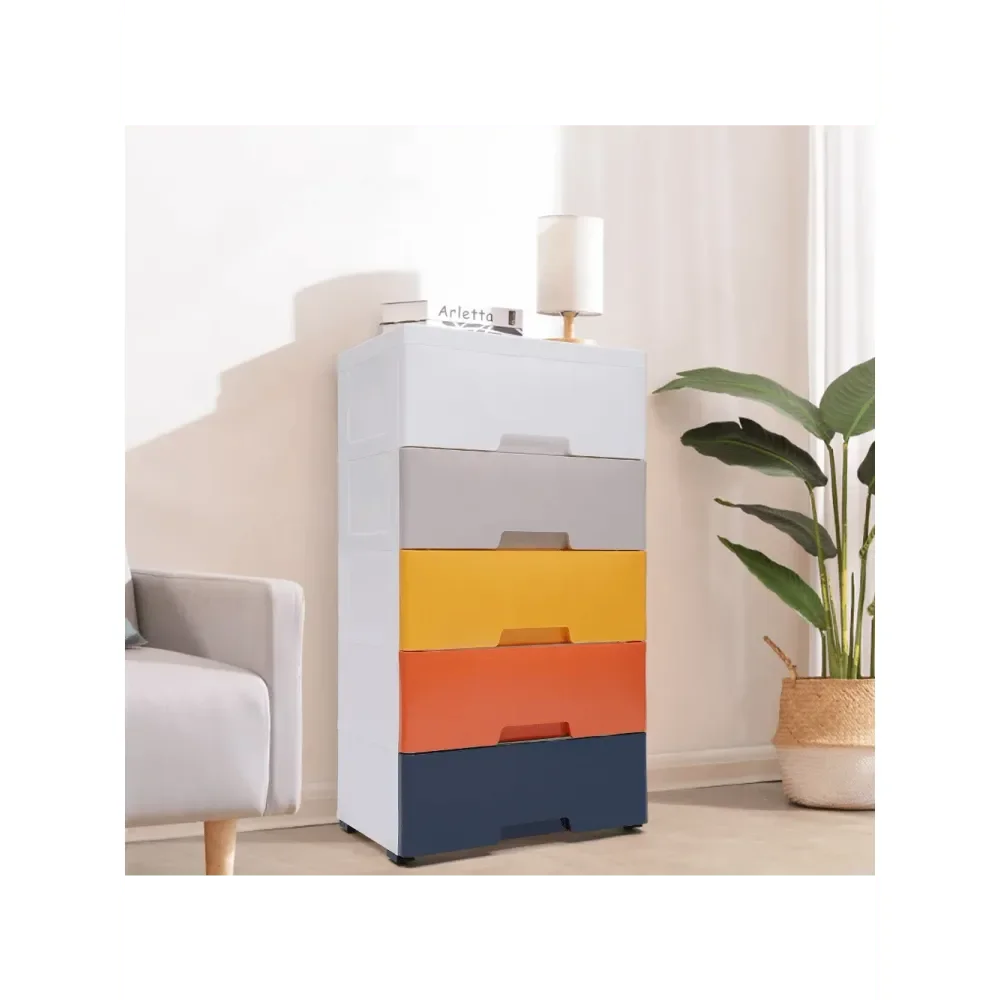 LINSIE 5 Drawer Dresser, Tall Dresser Chest Of Drawers With Casters, 5 Drawer Chest Stackable Vertical Storage For Living Room,