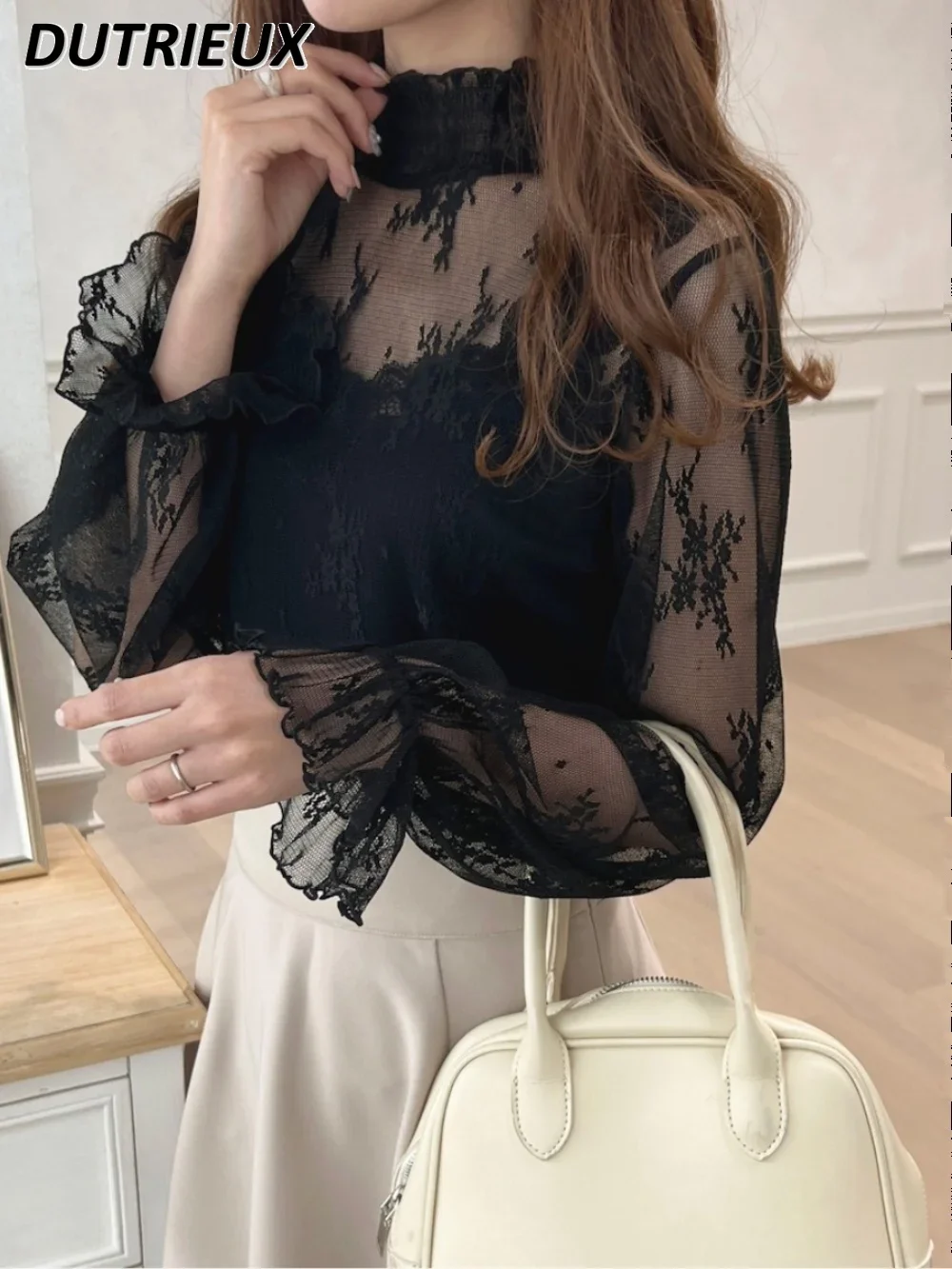 All-Match Elastic Stand Collar Shirt Beautiful Flared Sleeves Blouse Solid Color Lace Undershirt Spring Autumn Sweet Girls Tops
