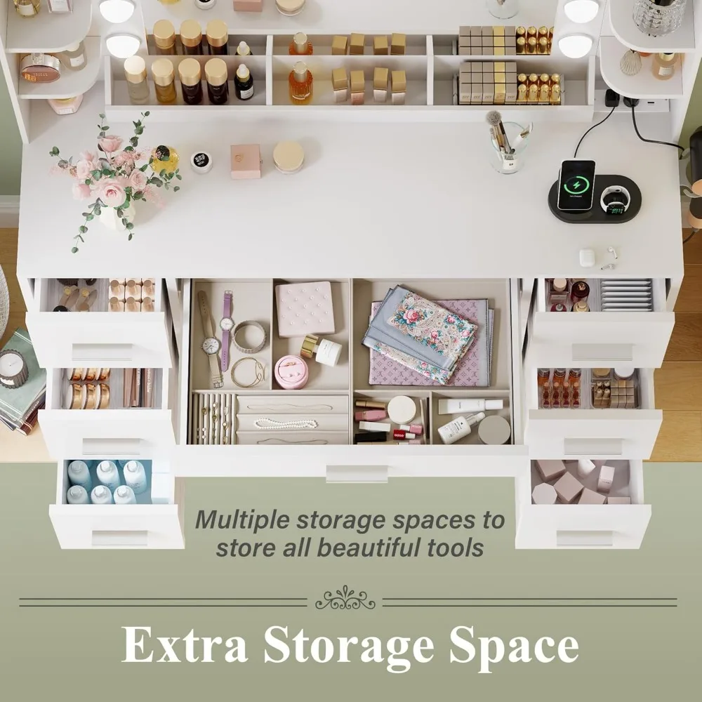 مكتب مكياج مع مرآة وأضواء كبيرة، مع شريط طاقة وحامل مجفف شعر، 6 أرفف مفتوحة و7 أدراج #5
