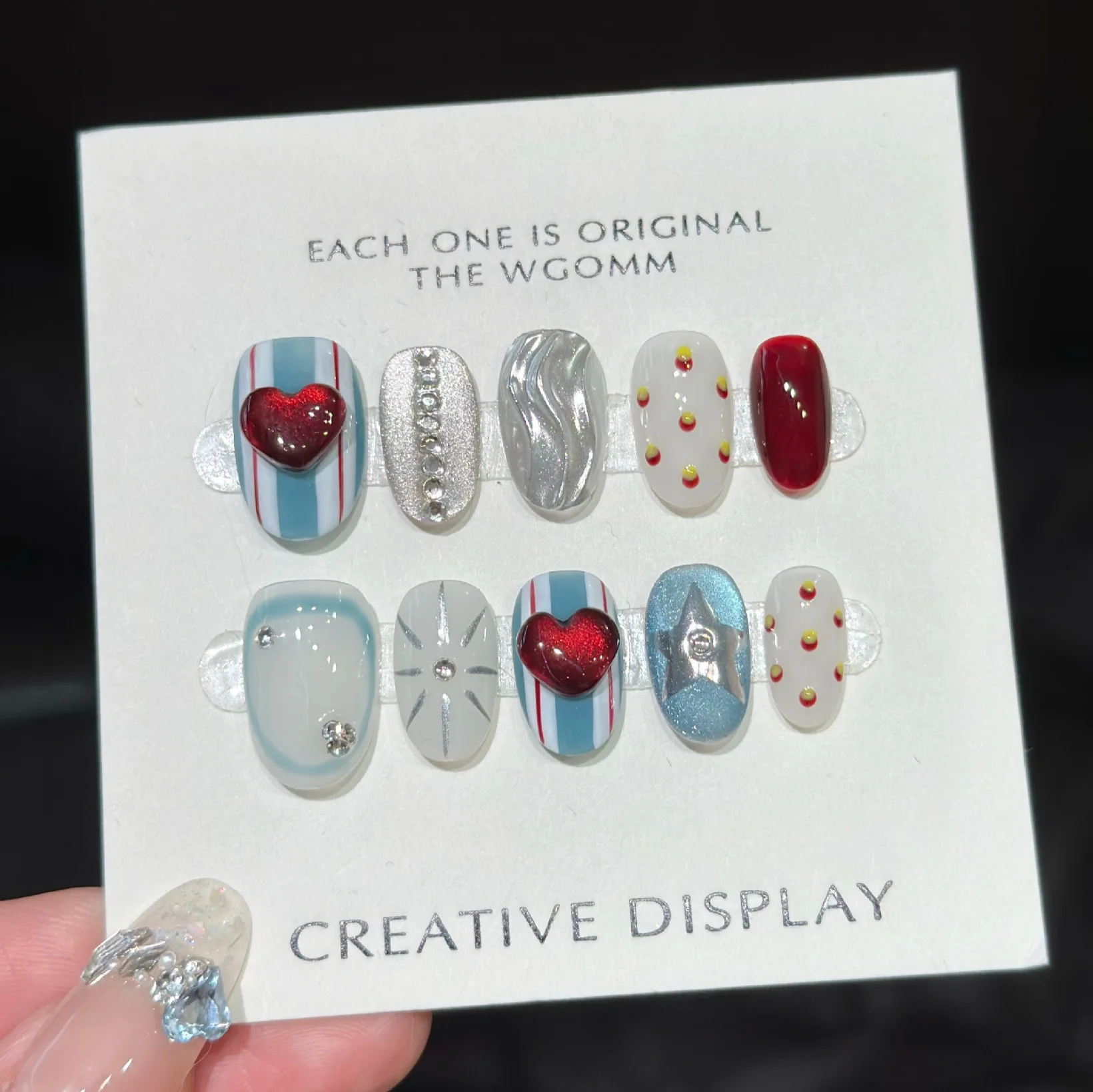 

10pcs Handmade Nails American Burgundy Heart Full-Coverage Nail Tips Five-Star Polka Dot Press on Nail for Women&Girl Daily Wear