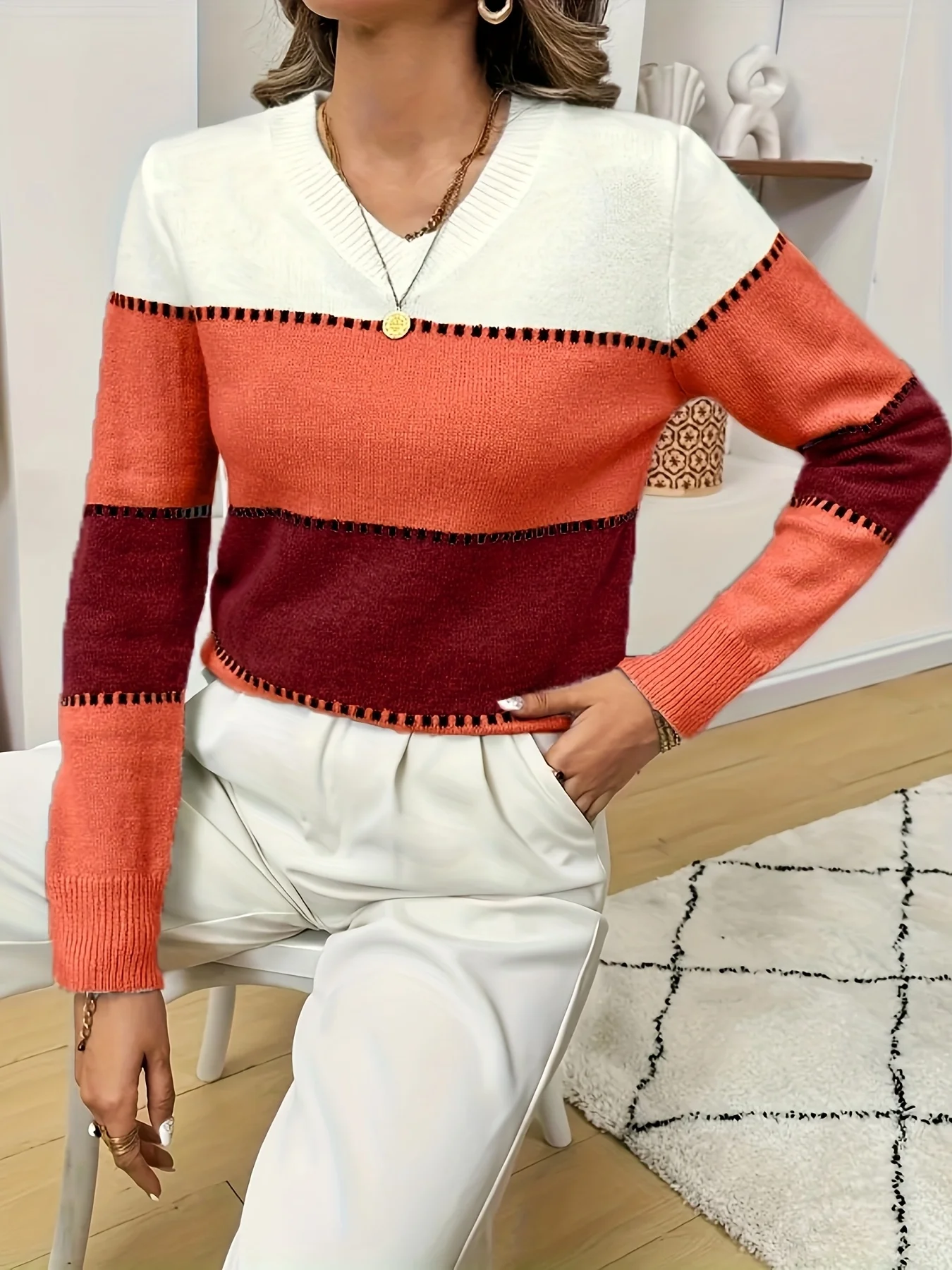 

Plus Size Women V Neck Color Block Sweater Long Sleeve Orange Red Apricot Contrast Stitching Knit Top Autumn Winter