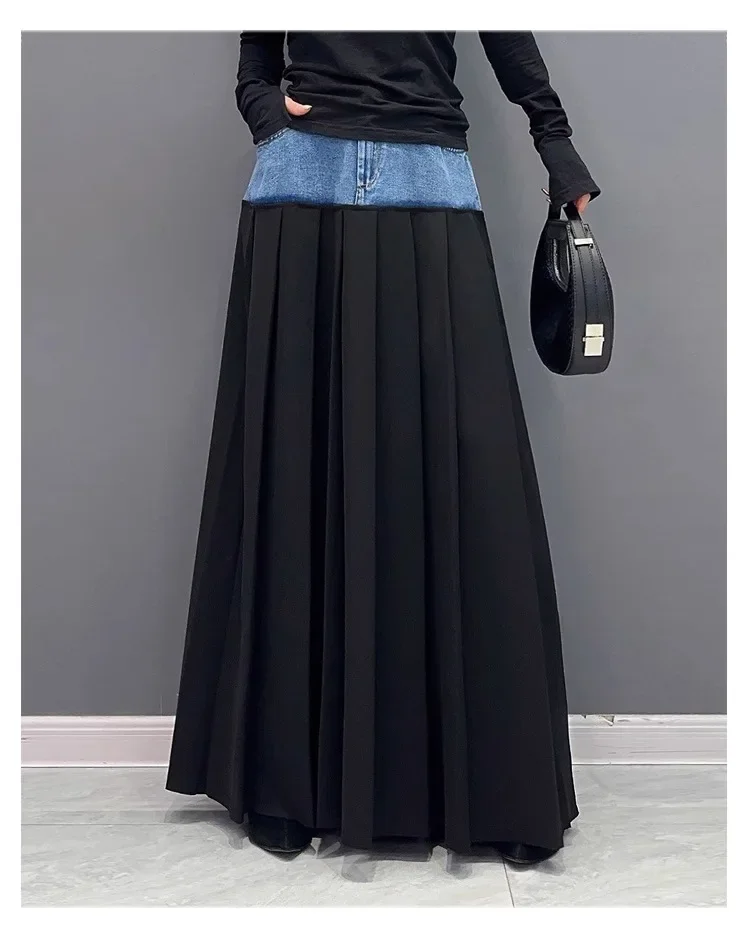 Y2k Pleated Skirt Women Long Skirts Denim Patchwork High Waist Washed Distressed Vintage Floor Length 2025 Streetwear A Line