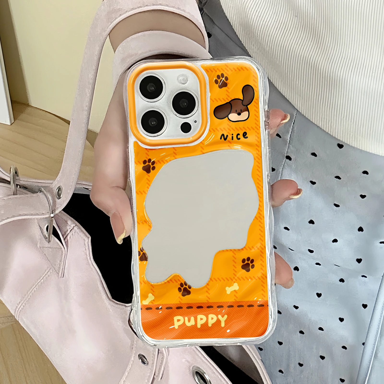 Coque de téléphone mignonne et simple avec miroir pour chiot, étui transparent ondulé tout orange avec cadre de caméra en TPU pour toutes les séries iPhone 11-17