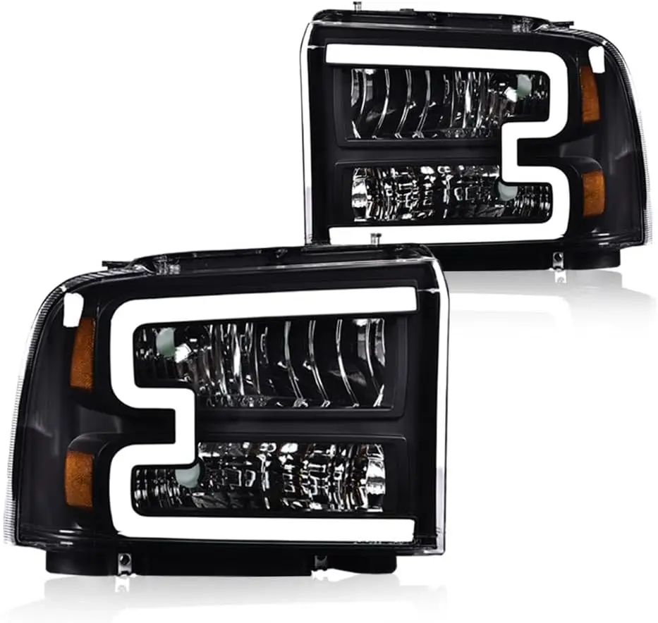 

Headlight Compatible with Ford F250 F350 F450 F550 Super Duty 2005-2007 DRL BAR Headlamps Clear Lens Black Housing Amber Reflect