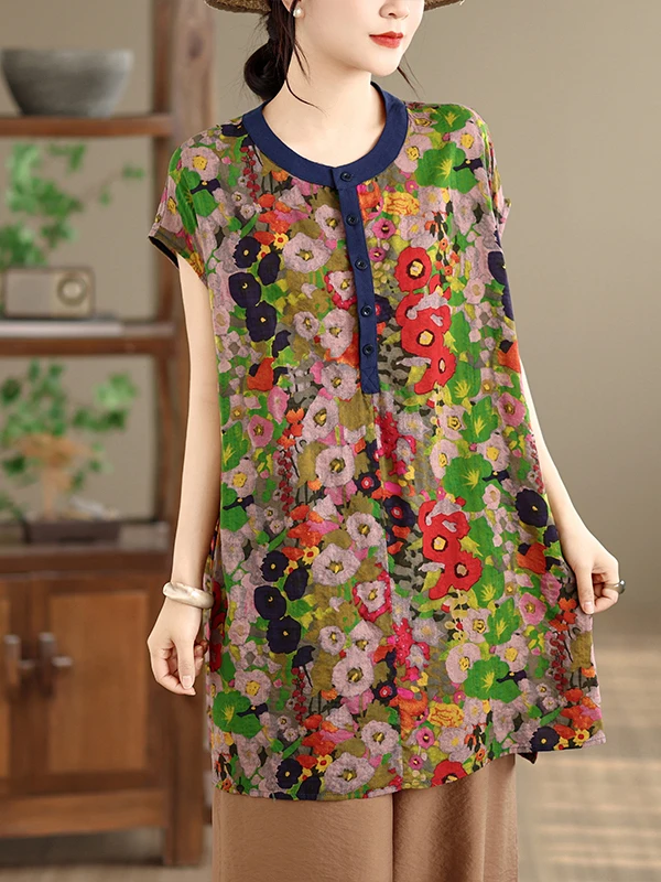 New Chinese Style Stand Collar A-Line Dress Women's Summer Slimming Shirt Dress Large Size Mid-Length Cotton Printed Skirt
