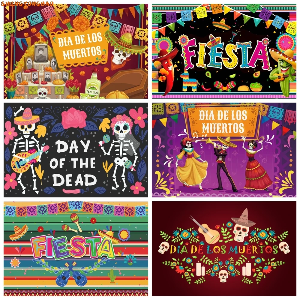 

Mexico Day Of The Dead Photography Backdrop Mexican Fiesta Sugar Skull Guitar Cactus Dress-up Party Background Decor Photo Props