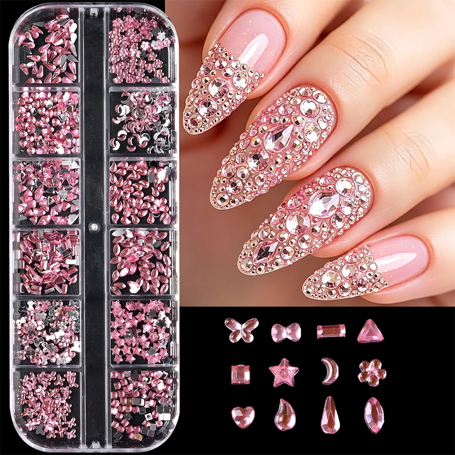 12 Grids Pink Rhinestones Nail Charms Butterfly Star Moon Heart Triangle Crystal Gems Nail Art Jewelry Decorations Accessories