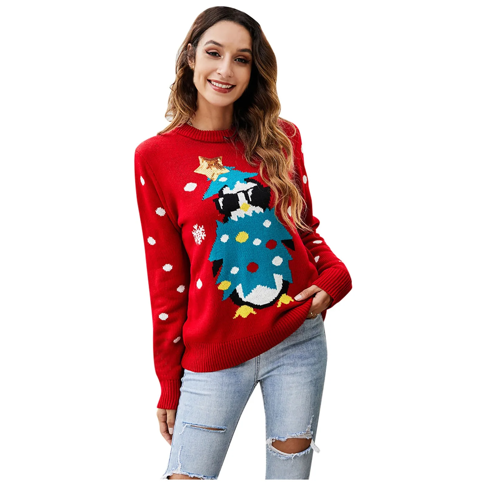 2024 Autumn Winter Women Funny Cute Cartoon Sequins Christmas Party Knitted Sweater Casual O Neck Long Sleeve Loose Tops Jumpers