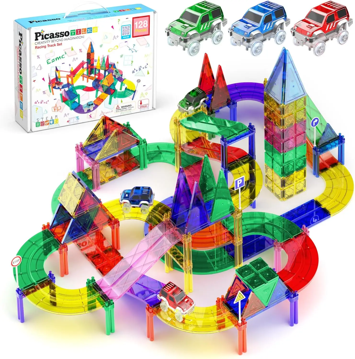 128 Piece Race Car Track Building Block Educational Toy Set Magnetic Tiles Magnet Playset 3 LED Car STEM Learning Construction