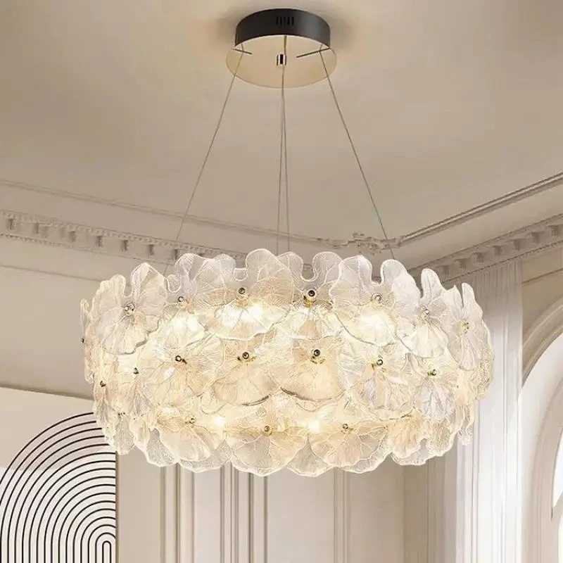 Luxury Lotus Leaf Glass Chandelier Living Room Decor Led Light Living Dining Bedroom Villa Pendant Lamp Indoor Lighting Fixtures