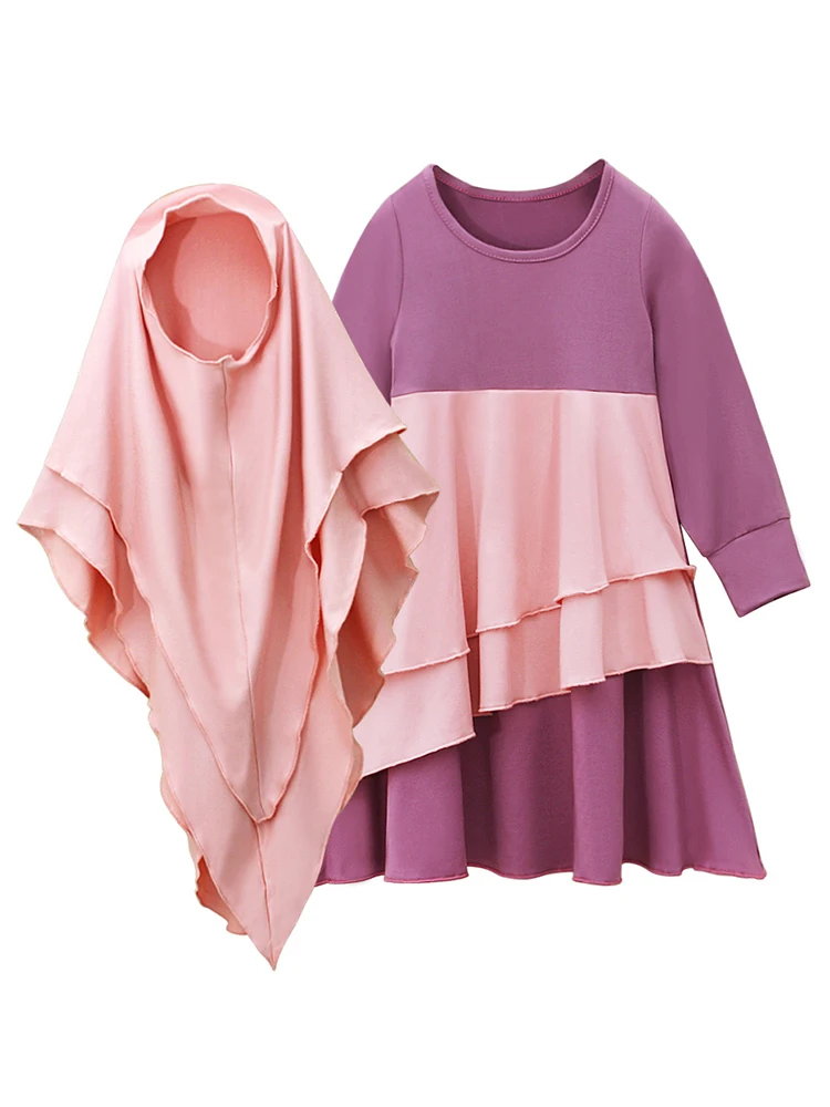 2Pcs Muslim Ramadan Prayer Dress Abaya Sets Children Girls Eid Khimar Hijab Arab Kids Long Robe Headscarf Kaftan Gown jilbab