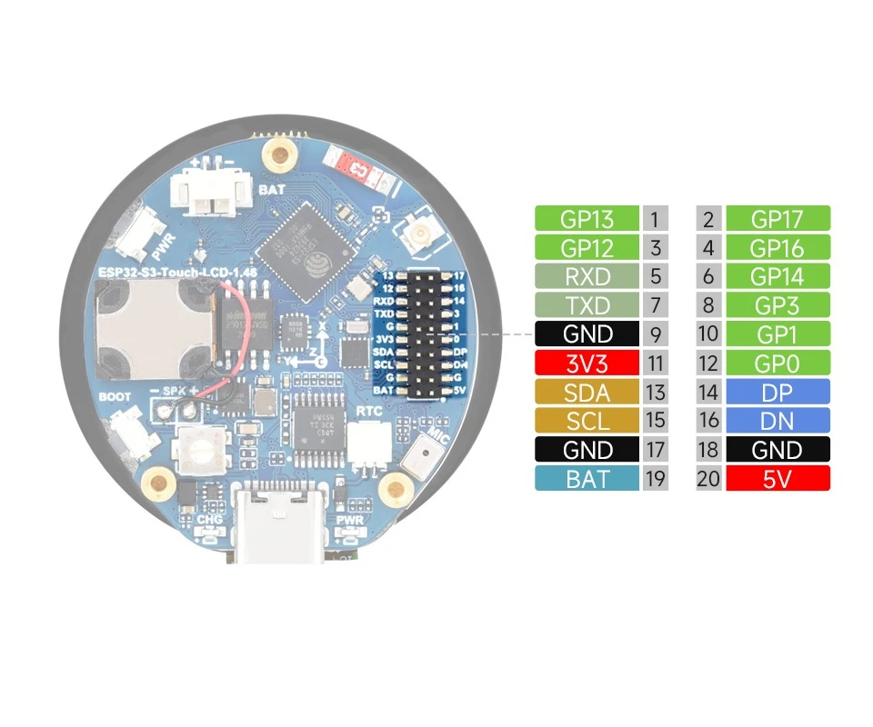 Placa de desenvolvimento de display redondo ESP32S3 de 1,46 polegadas, suporta WiFi/BLE, acelerômetro e sensor giroscópio, alto-falante e microfone