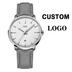 Gray Band Men Watch Private Lable Dial Logo Make Your Brand Quartz Wristwatch Genuine Leather Band