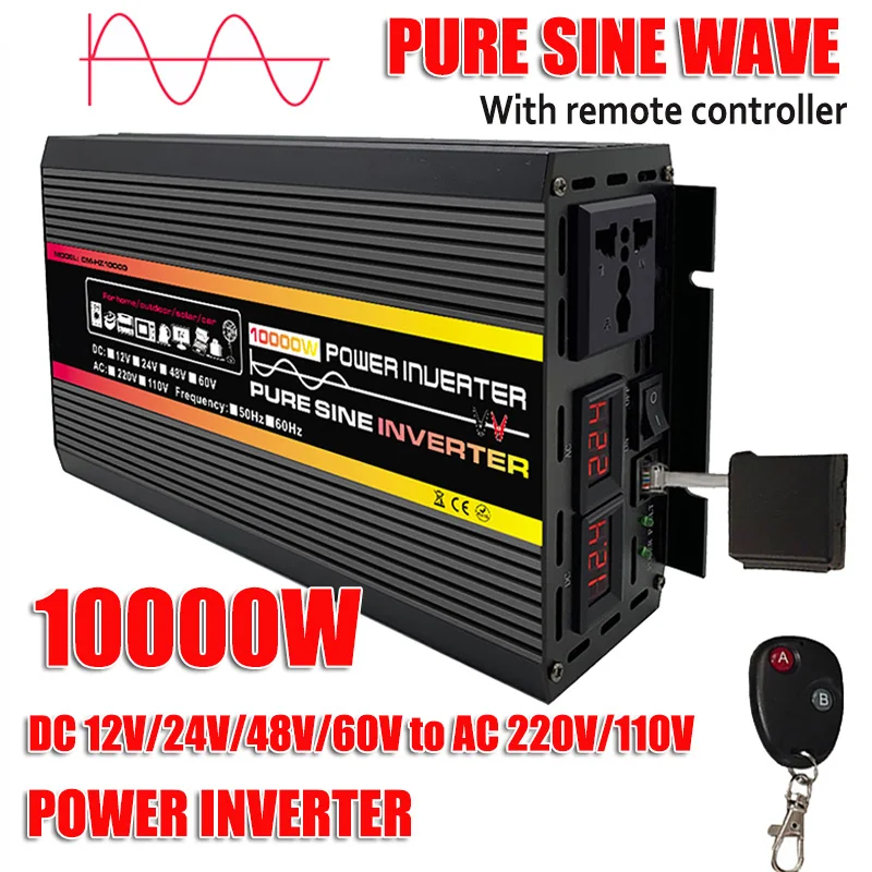 

10000W Pure Sine Wave Power Inverter Voltage Transformer Intelligent LED Display Car Home Outdoor DC12V-60V To AC 220V Converter