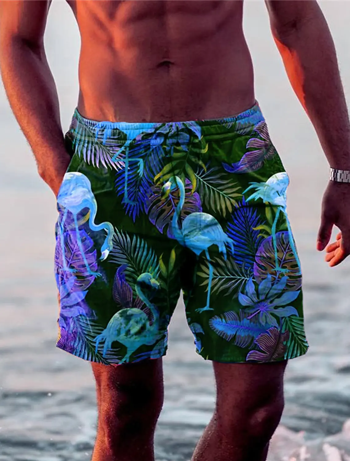 New Men\'s Shorts Swim Trunks Drawstring Leaf Flamingo Graphics Quick Dry Short Casual Holiday Hawaiian Micro-elastic