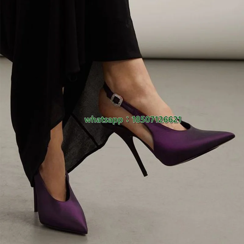 Pointed Satin Stiletto Heel Strap Slingback Pumps Solid Color Large Size Sexy High Heels For Women