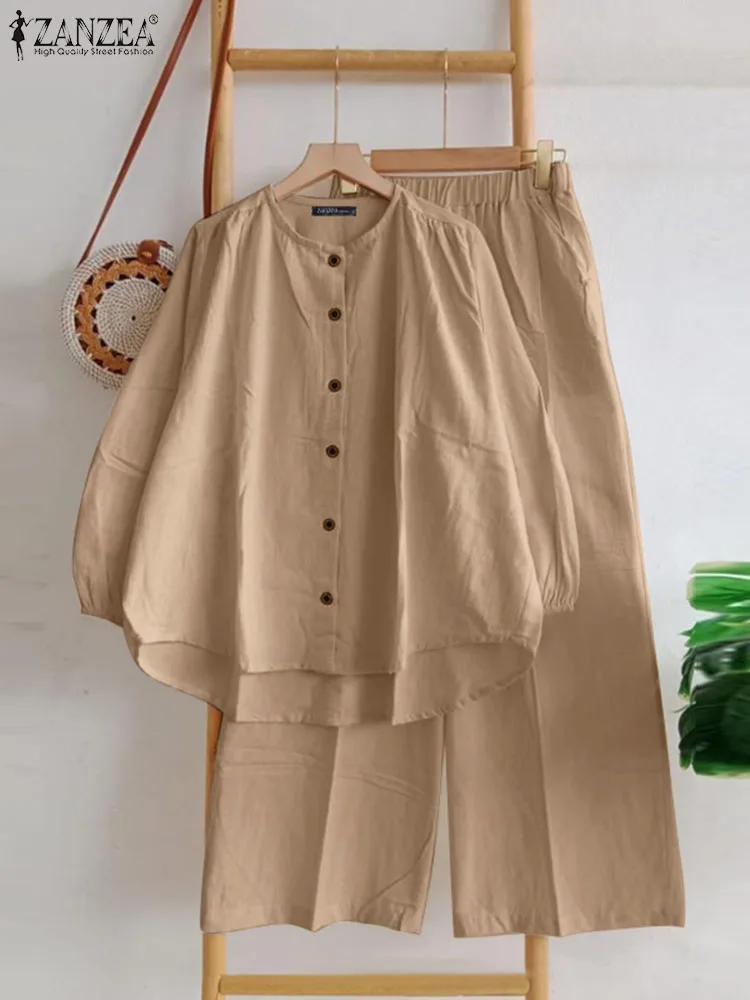 

ZANZEA 2024 Spring Solid Baggy Outfits Women 2PCS Pant Sets Fashion Korean Loose Buttons Top Suits Casual Wide Leg Trouser Sets