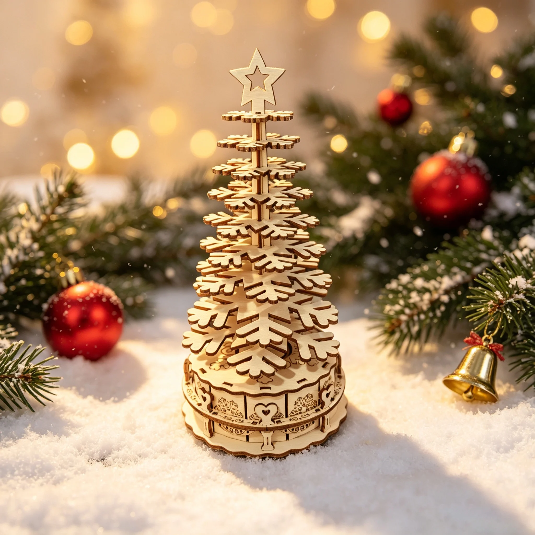 3D Wooden Puzzle: DIY Christmas Tree Music Box Ornament, Multi-Layered Snowflake Design, Creative Christmas Gift