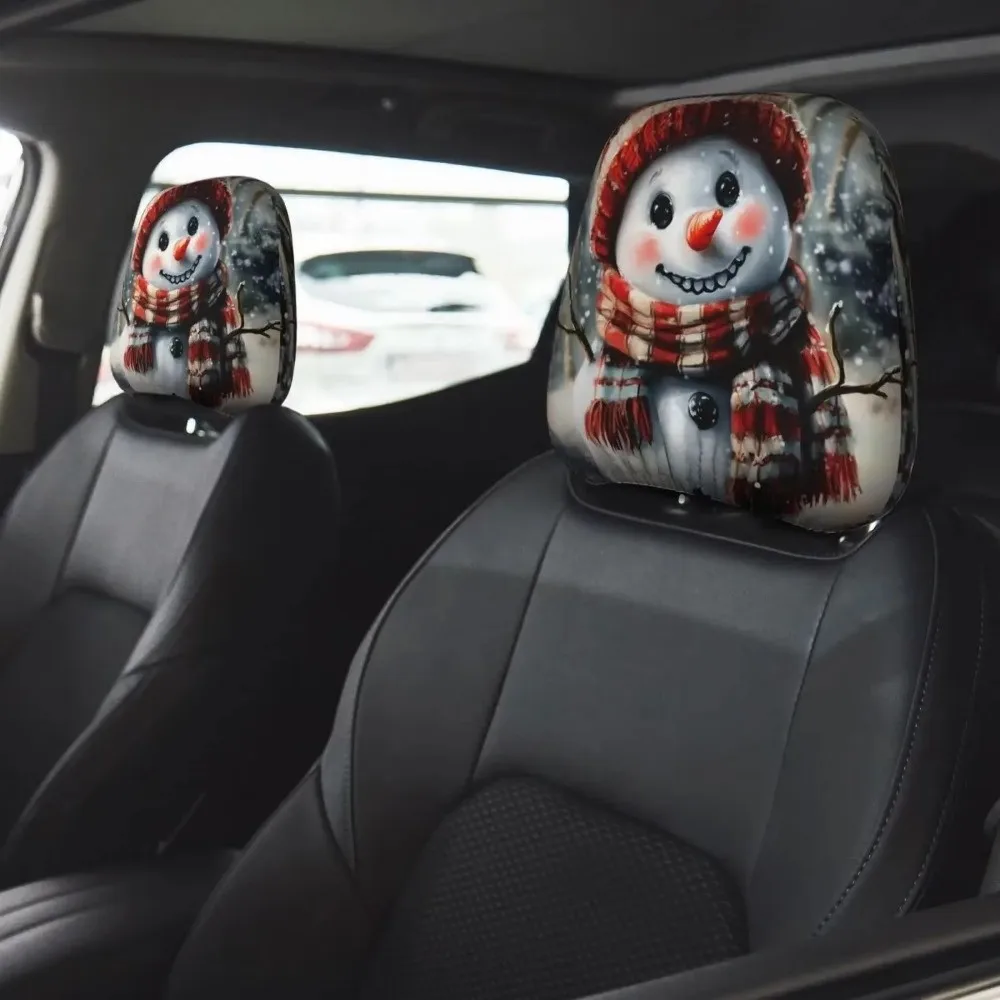 2pcs Universal Christmas Car Headrest Cover Cartoon Snowman Santa Print Car Pillowcase Funny Stain-Proof 2