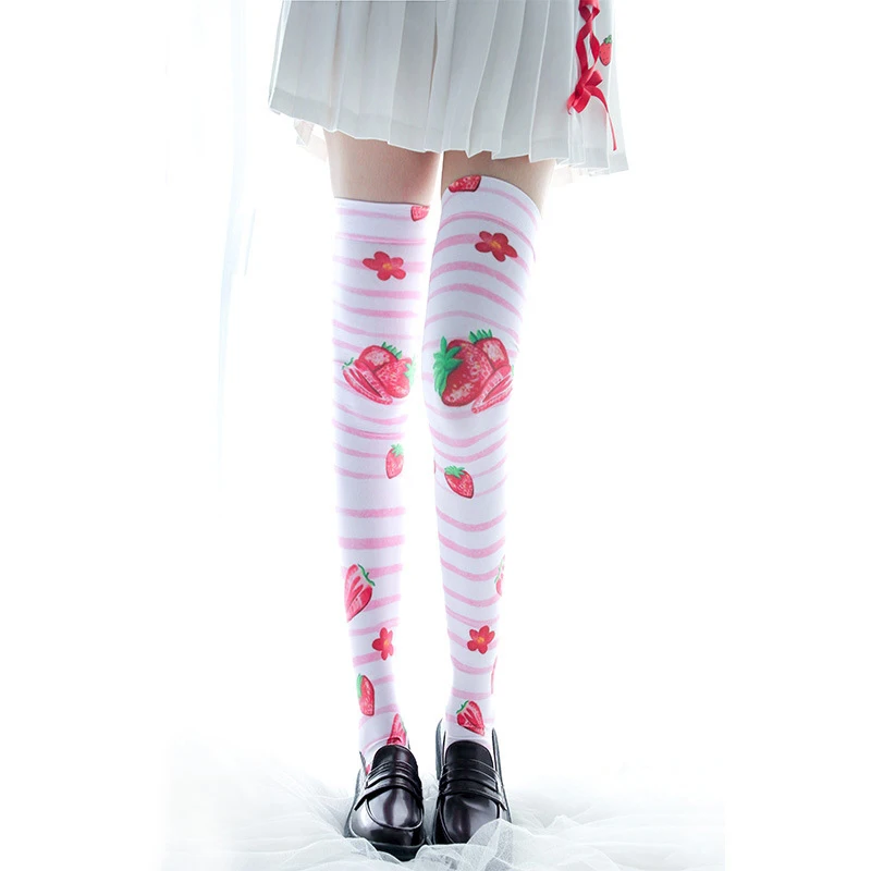 Moda damska długie pończochy zabawa truskawki drukowane różowe białe podkolanówki słodkie słodkie dziewczyny Lolita Harajuku pończochy