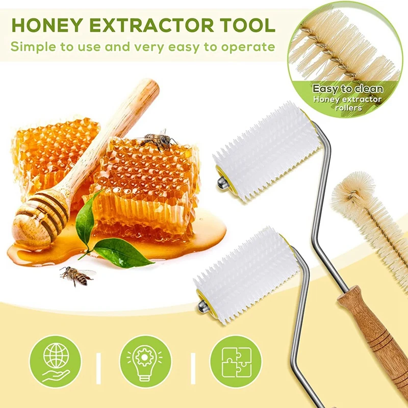 3 Piece Honey Extractor Uncapping Needle Roller Beekeeping With Cleaning Bee Brush For Honey Extracting Beekeeping Tool