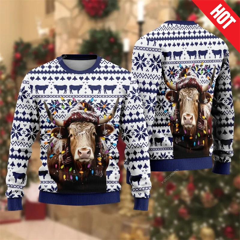 Mens Designer Sweaters Cow 3D Printed Mens Christmas Sweater Clothes Casual Unisex Long Sleeve Pullovers Sweatshirts Kids Hoody