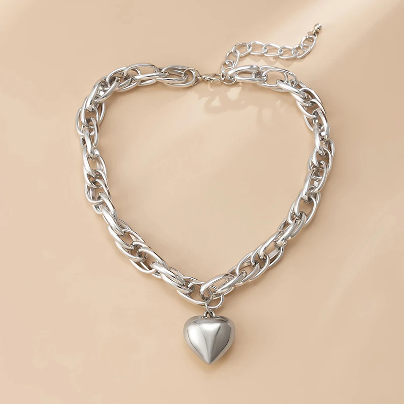 Punk Love Heart Pendant Necklaces Fashion Hip Hop Double Layered Gold Silver Color Thick Chain Choker Necklace Party Jewelry