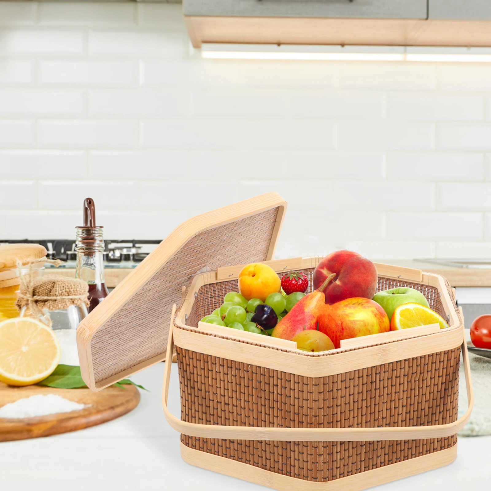 

Woven Bamboo Picnic Basket with Lid Portable Handle for Outdoor Camping Rustic Fruit Food Storage Basket Organizer