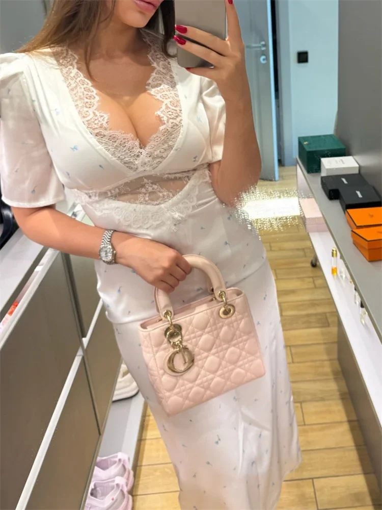 Dot V-Neck Lace Long Dress For Women Hollow Out Slim Short Sleeve High-Waist Contrast Patchwork Female Bodycon Maxi Dress