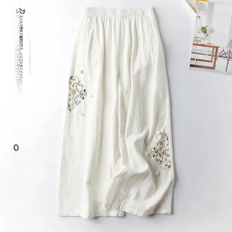 Summer Cotton Linen Casual Pants Women's Thin Embroidered Wide Leg Nine Point Loose Fit High Waist Korean Style Commute Pants