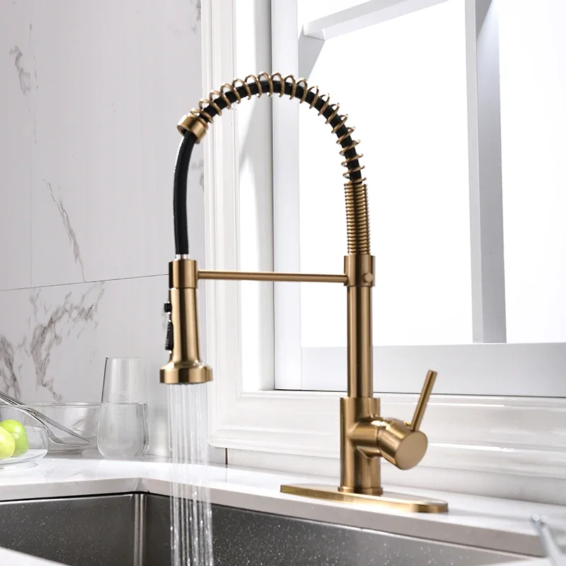 New Type Gold Brushed Thermostatic Spring Sink Kitchen Faucet With Sprayer