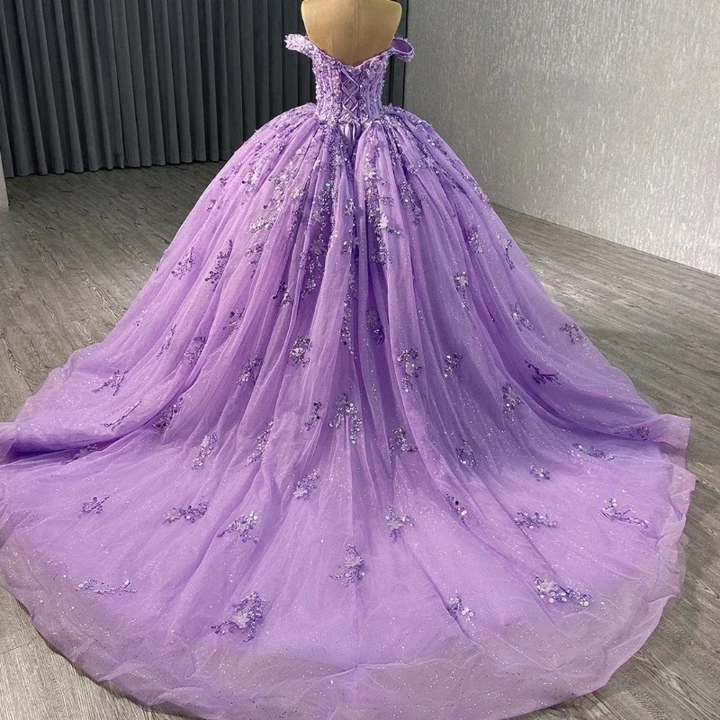 Vestidos de Quinceañera de lavanda Lila brillante, Apliques de encaje con cuentas, Tull dulce 16, Vestidos de graduación populares D, nuevo estilo