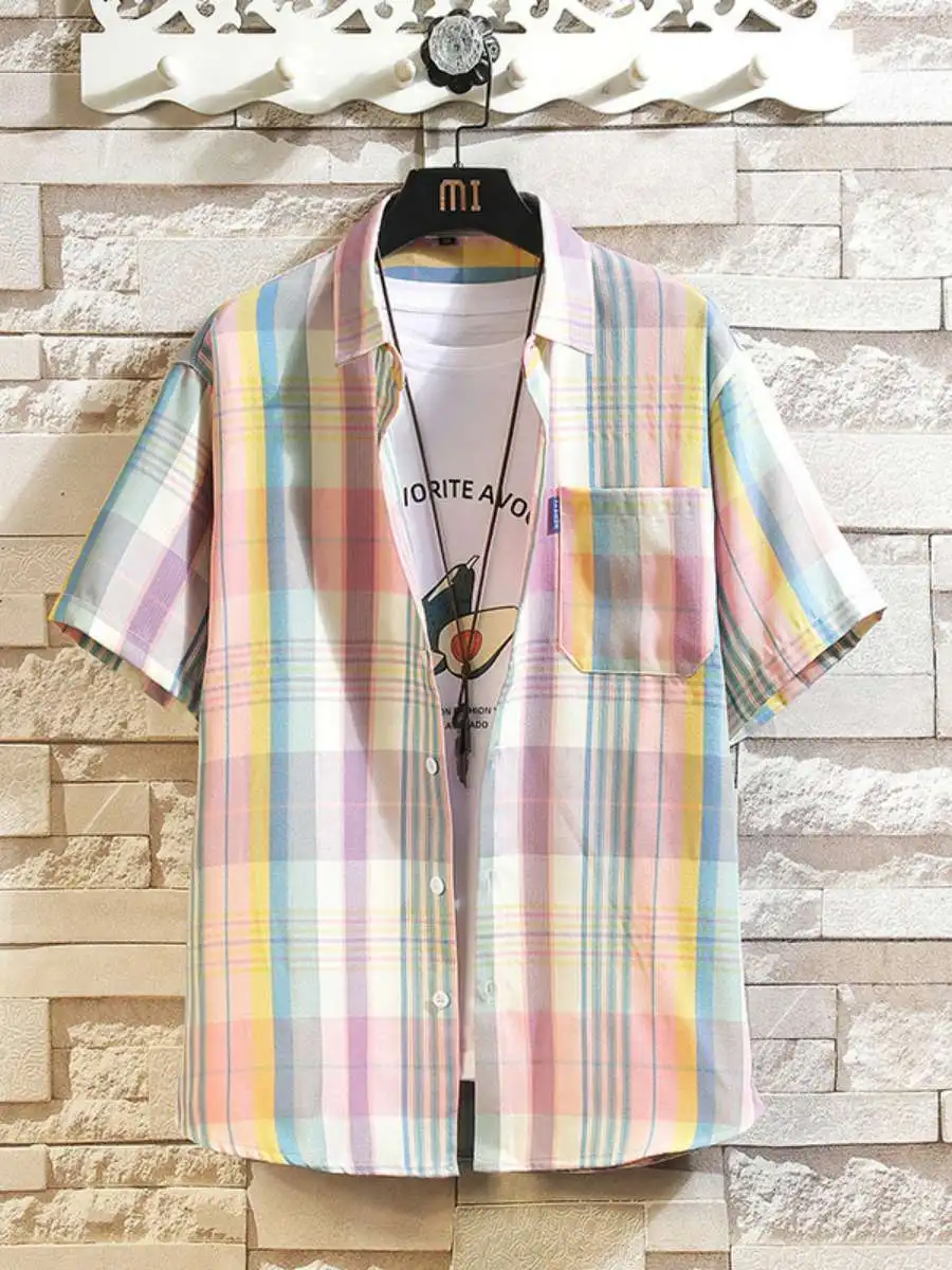 

Мужская летняя рубашка в клетку, ретро-стиль, без утюга, из полиуретана, для пар