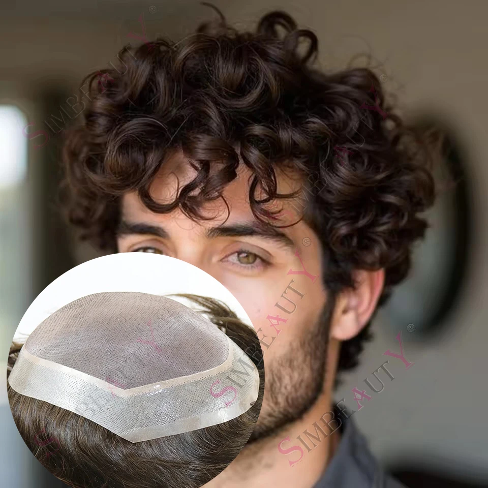 

Undetectable 24mm Curly Male Super Durable Fine Mono PU Toupee Natural Hairline Men's 20mm Curly Human Hair Capillary Prosthesis