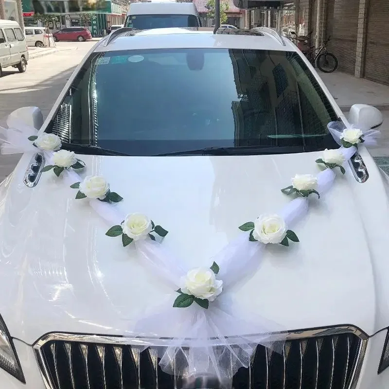 Reusable Fake White Rose Floral Garland With Organza Tulle For Bridal Wedding Car Exterior Styling Decoration