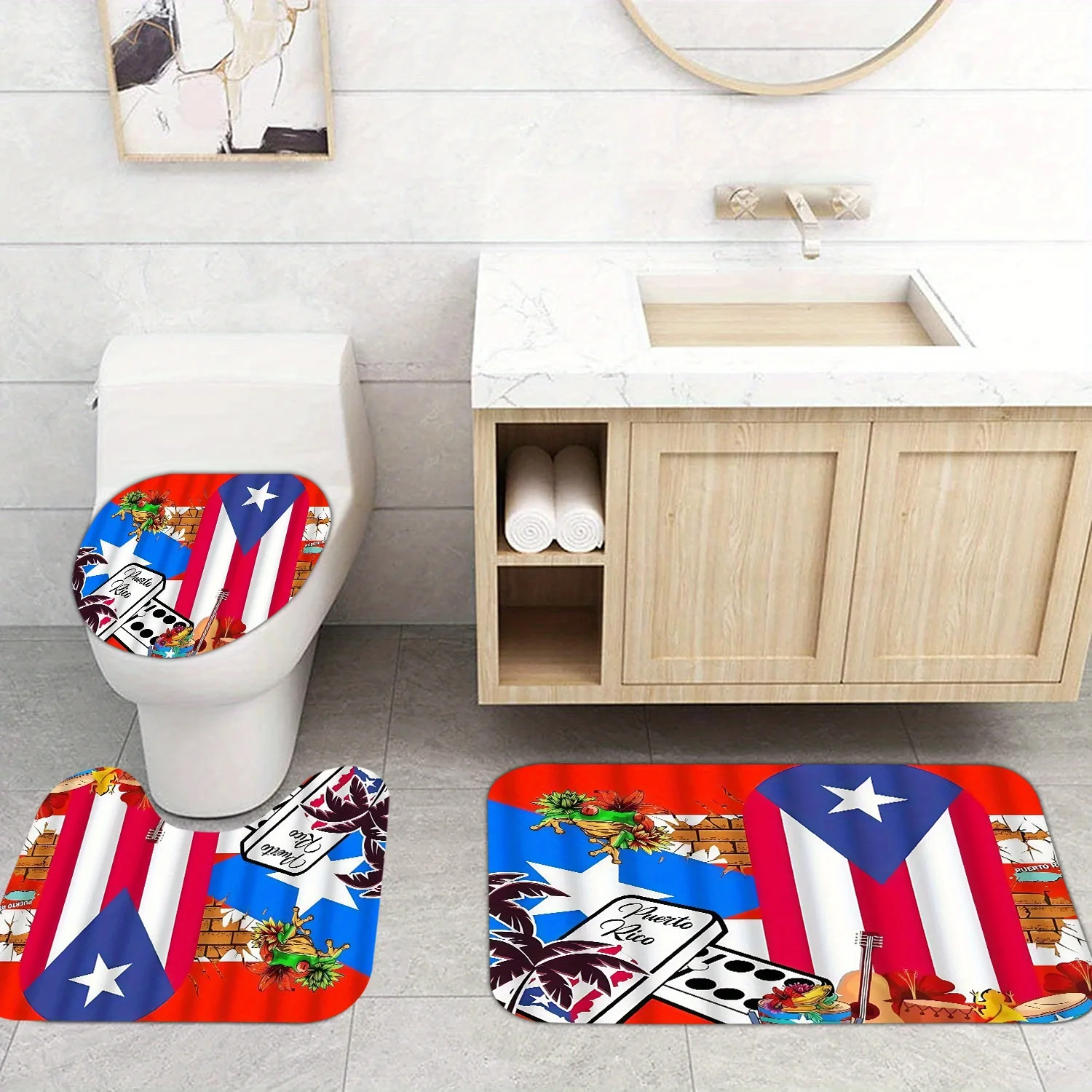 

3шт. ​ ​ Набор ковриков для ванной с тропическими ладоньми — нескользящий островный коврик и чехол для декора ванной комнаты в отпустке и летних вибраций ​