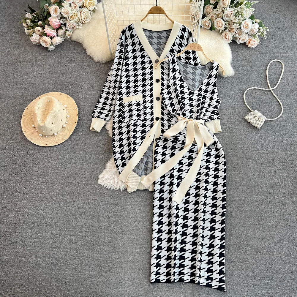 Elegant Two piece Sets For Women Knit Suit Korean  V-neck Single Breasted Swallow GirD Knit Cardigan+Sleeveless Vest Dress