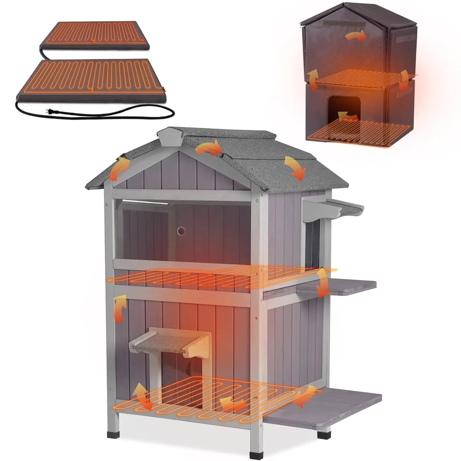 Heated Outdoor Cat House Weatherproof Insulated Shelter with Heating Pad for 1-5 Cats, 28.7
