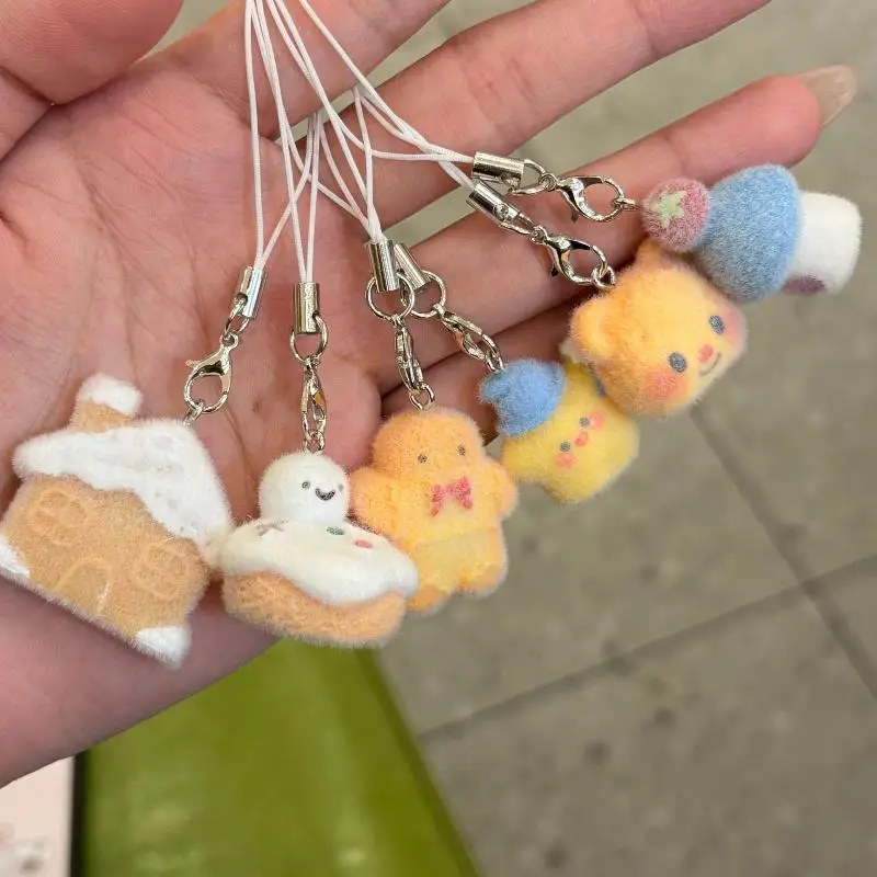1Pc Phone Chain Lanyard Cute Keychain Bag Earphone Car Keyring Decor Flocking Christmas Snowman Gingerbread Man Pendant