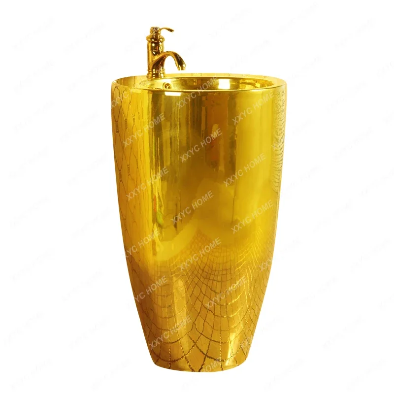 

Cylindrical Luxury Gold Column Type Washbasin Sink Inter-Platform Basin Integrated Floor Bathroom Wash Basin Gold