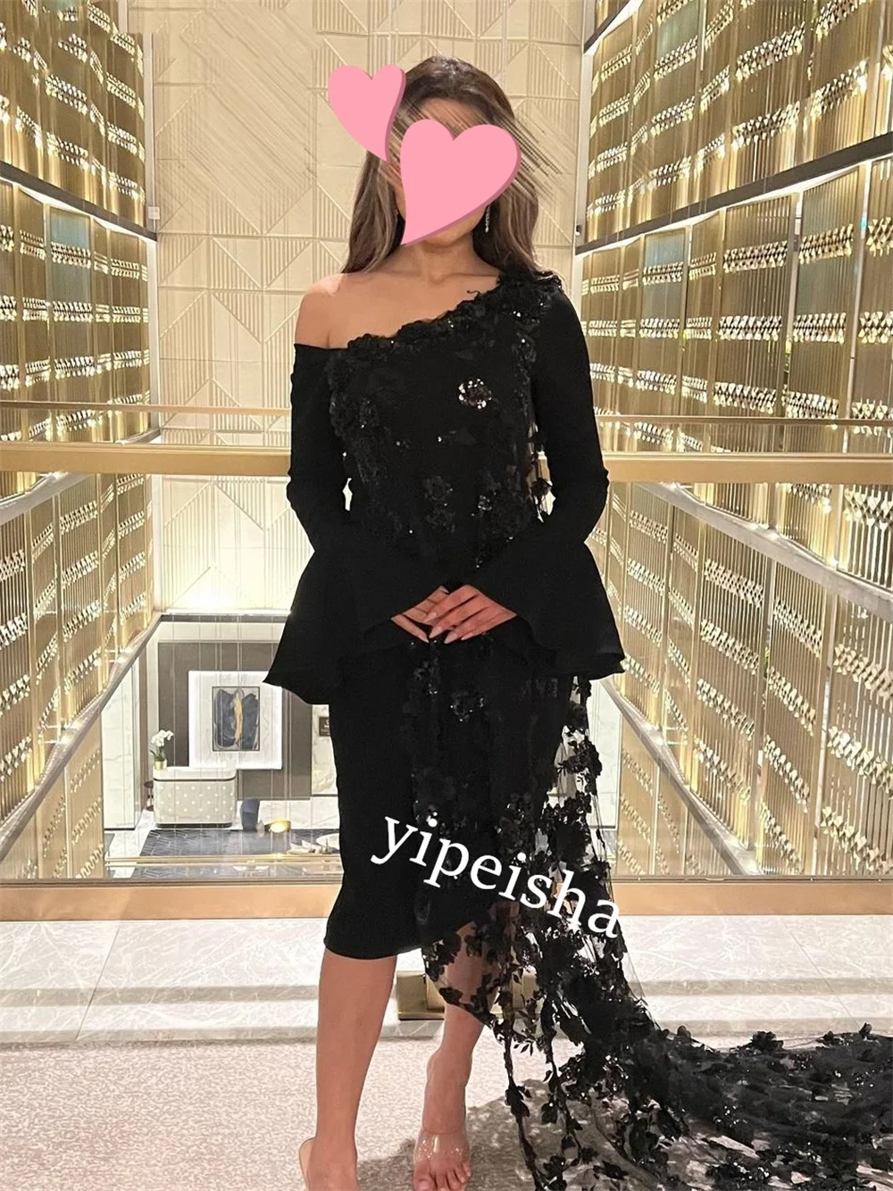 Customized  Evening Jersey Flower Ruffle Celebrity A-line Off-the-shoulder Bespoke Occasion Gown Knee Length Dresses Saudi Arabi