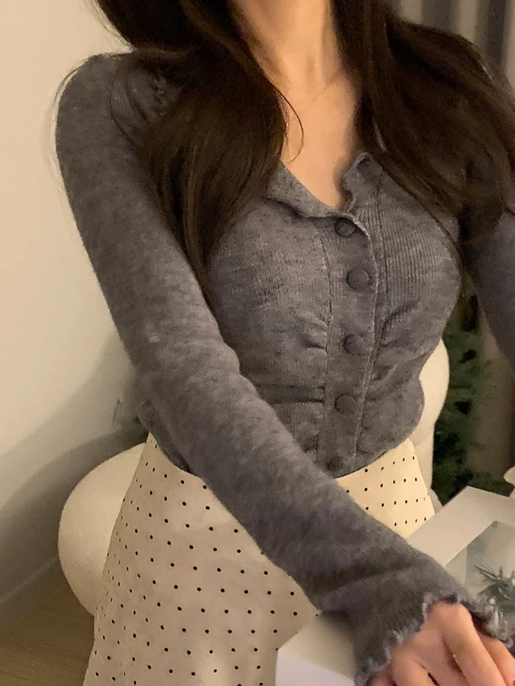 

Slimming Knitwear Sweater Women's Sle Casual Chic Autumn Winter Fold Collar Single Button Pleated Slim Fit Knitted Outerwear