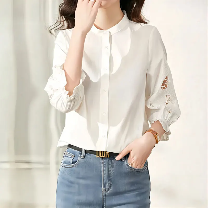 Elegant Hollow Out Stylish Embroidery Shirt Commute Single-breasted Female Clothing Stand Collar Spring Summer 3/4 Sleeve Blouse