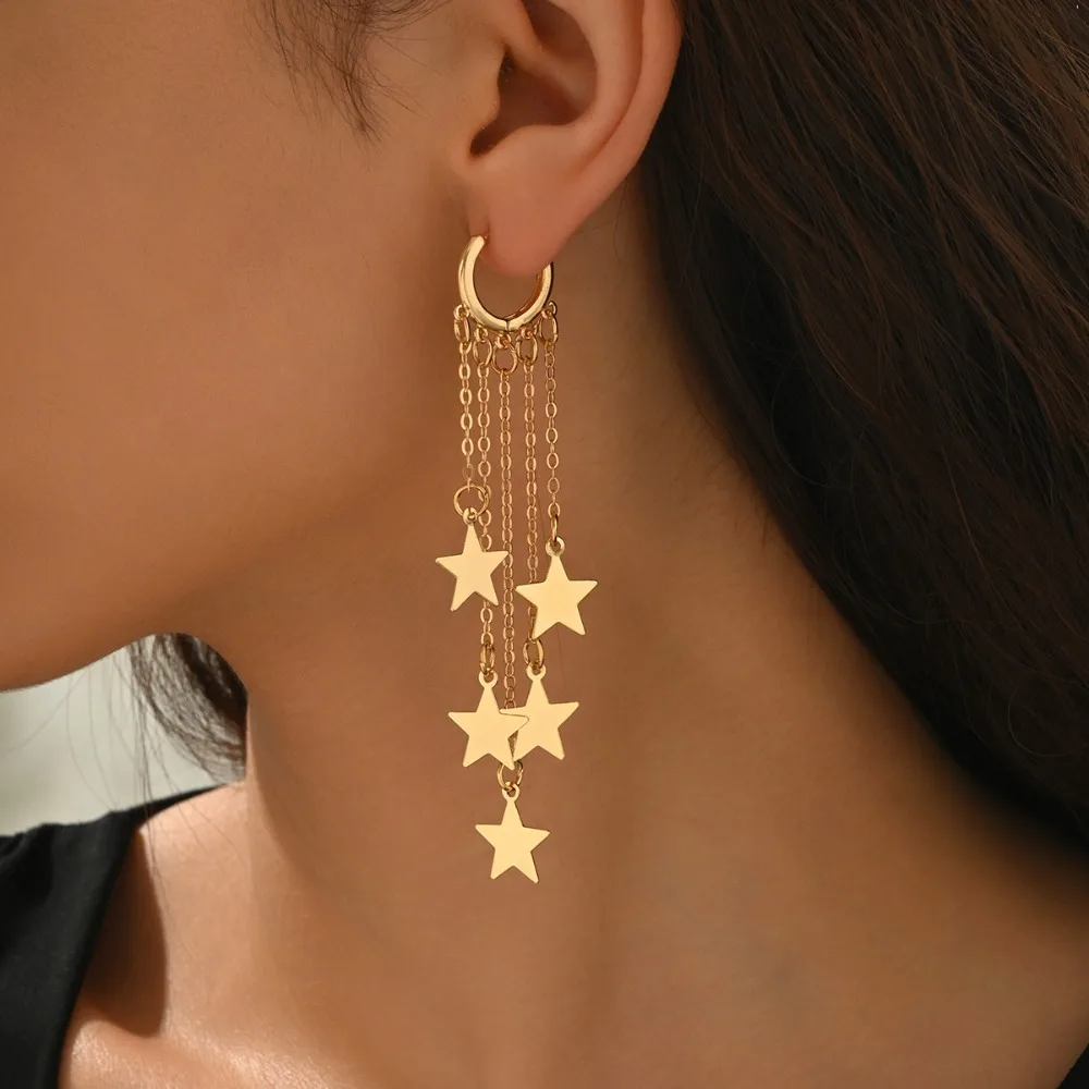 Luxury Temperament Gold Color Five-pointed Star Layered Tassel Dangle Earrings for Women Wedding Banquet Evening Dress Jewelry